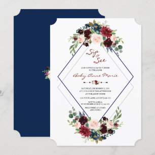 Geometric Merlot Navy Blommigt Sip & See Baby Show Inbjudningar