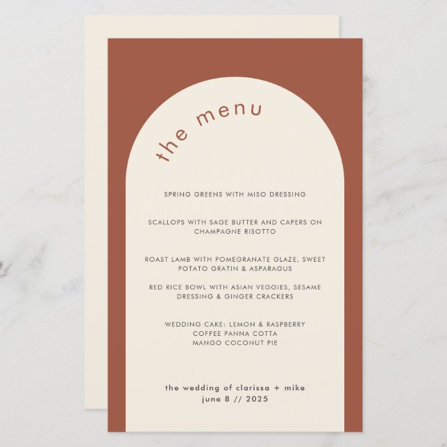 Geometric Minimal Terracotta Arch Bröllop Menu (Fram/baksida)