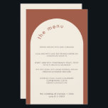 Geometric Minimal Terracotta Arch Bröllop Menu<br><div class="desc">Denna moderna bröllop-meny med minimalistiskt typsnitt är perfekt för ett modernt bröllop,  minsta bröllop eller något annat firande. Den här menymallen har en terracotta-bakgrund och en båge i krämvitt. Alla inslag och färg på menykortet i bröllop kan anpassas.</div>