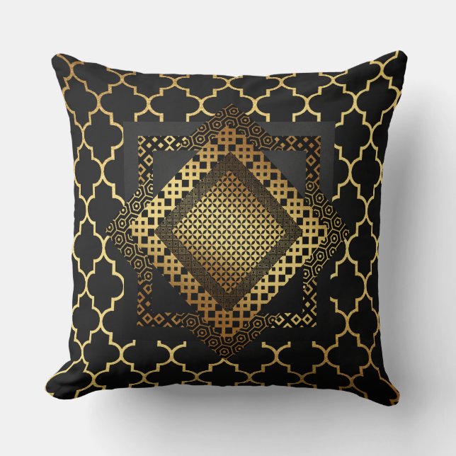 Geometric Modern Art Deco Golden Black Guld Kudde (Framsida)
