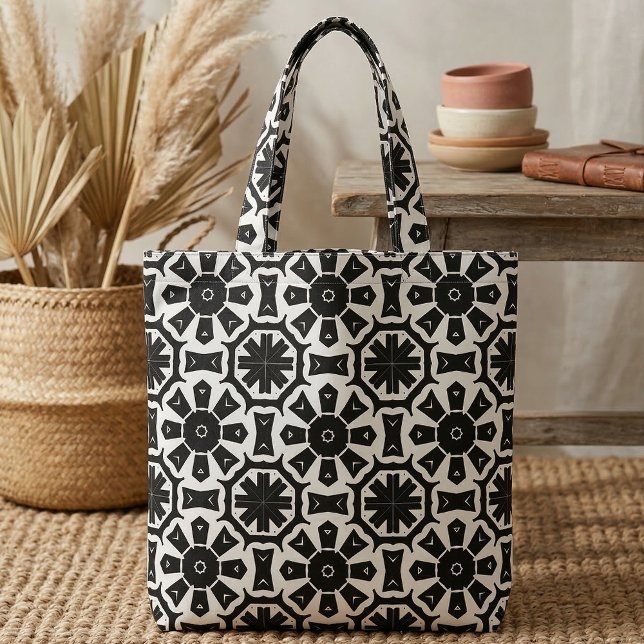 Geometric Modern Black and White Mosaic Mönster Tyg (Skapare uppladdad)