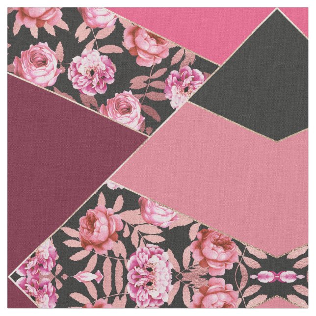 Geometric Modern Girly Guld Rosa Black Blommigt Tyg (Närbild)