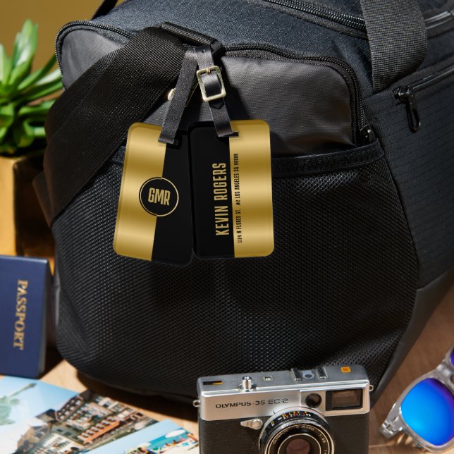 Geometric Modern Guld & Black Rand Monogram 2 Bagagebricka (Fram & Baksida)