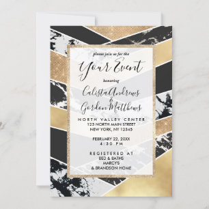 Geometric Modern Guld Black White Glitter Inbjudningar