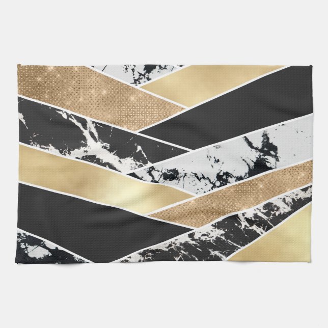 Geometric Modern Guld Black White Glitter Kökshandduk (Horisontell)