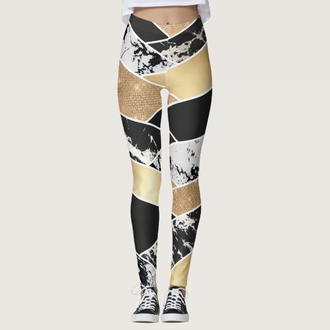 Geometric Modern Guld Black White Glitter Leggings (Framsida)