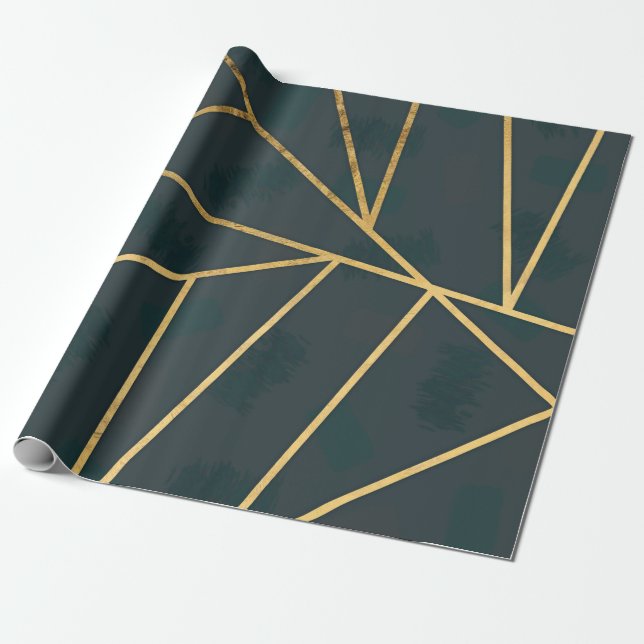 Geometric Modern Guld Grönt Brushstroke Presentpapper (Utrullad)
