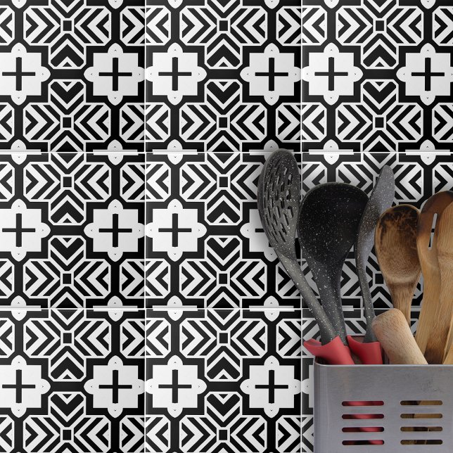Geometric Modern Mosaic Mönster in Black and White Kakelplatta (Skapare uppladdad)
