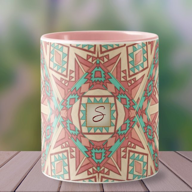 Geometric Modern Southwest Mönster Monogram Två-Tonad Mugg (Skapare uppladdad)