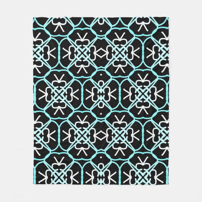 Geometric Mönster i Aqua Blue, White and Black. Fleecefilt (Framsidan)