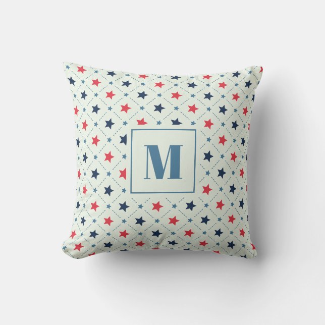 Geometric Mönster Monogram, röd, blå stjärna Kudde (Framsida)
