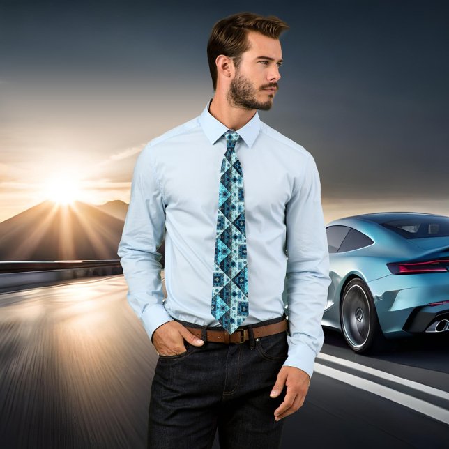 Geometric Mönster Tie för blå Abstrakt Slips (Modern tie with an abstract geometrical pattern in cool blue with turquoise and black.)