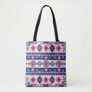 Geometric Mönster Tote Bag - Blue and Rosa Rand Tygkasse