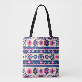 Geometric Mönster Tote Bag - Blue and Rosa Rand Tygkasse