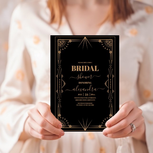 Geometric Mörk Black Guld Gatsby Möhippa Inbjudningar (Skapare uppladdad)