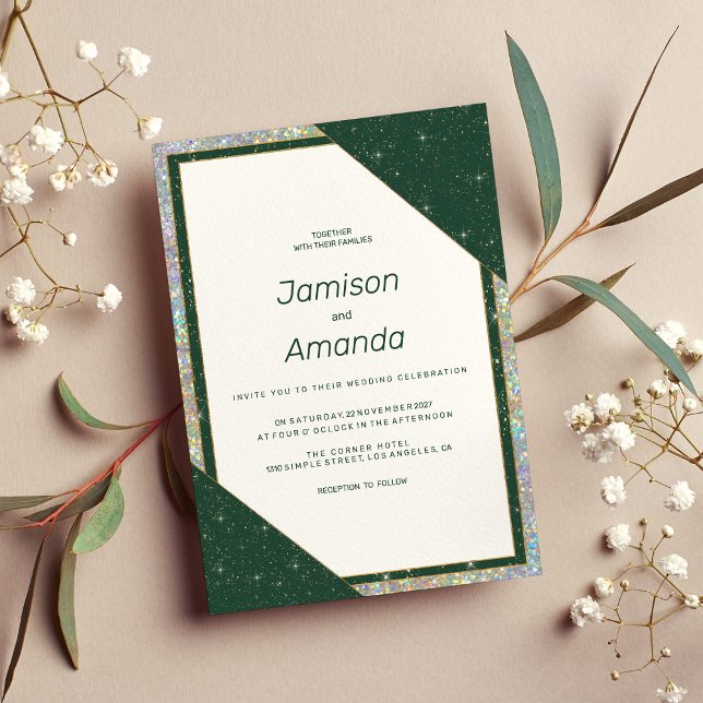 Geometric mörk grönt guld gnistra glitter Bröllop Inbjudningar (Geometric dark green gold sparkle glitter Wedding)