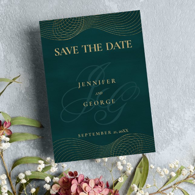 Geometric mörk grönt guld monogram Spara datum Spara Datumet (Geometric dark green gold monogram Save The Date)