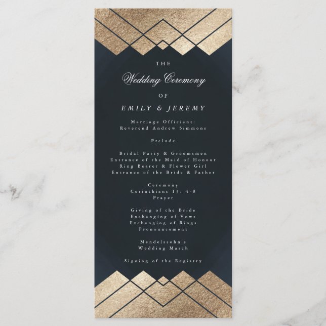 Geometric Mörk Navy Guld Gatsby Bröllop Program (Framsida)