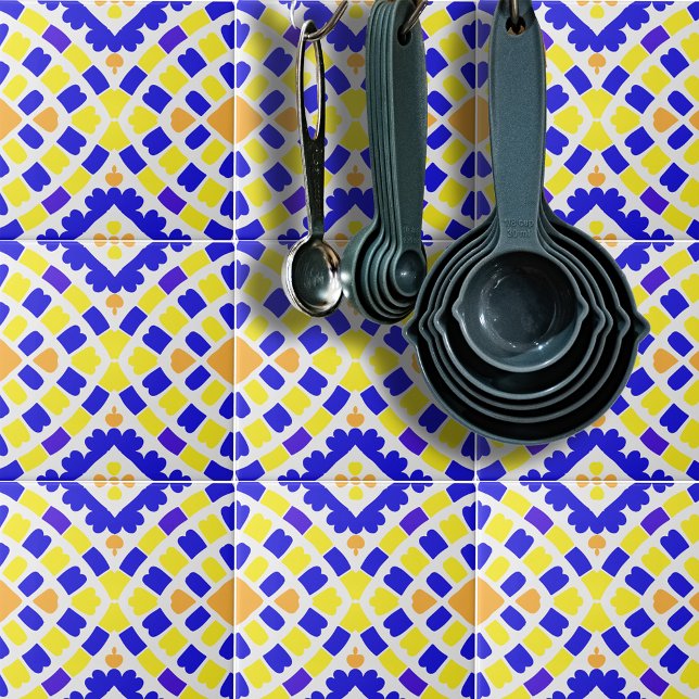Geometric Mosaic Blue Orange Gult Mönster Kakelplatta (Skapare uppladdad)