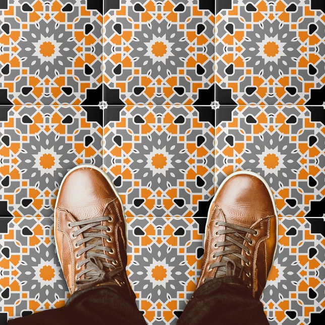 Geometric Mosaic Moroccan Orange Black White Grått Kakelplatta (Skapare uppladdad)