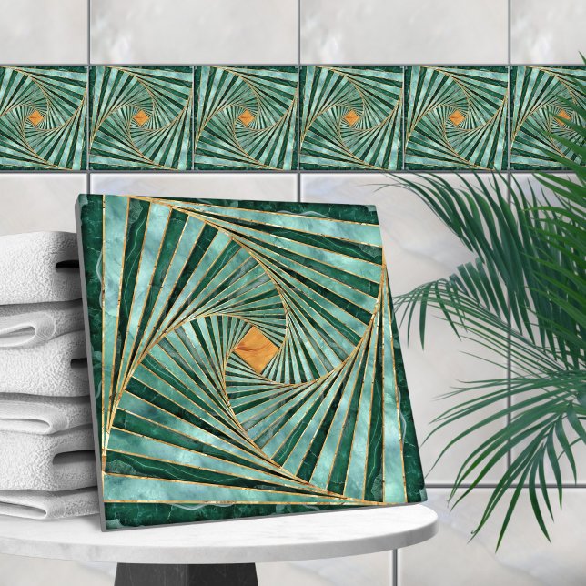 Geometric Mosaic Spiral - Grönt Marble och Guld Kakelplatta (Skapare uppladdad)