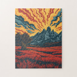 Geometric Mountain Peaks and Red Field Graphic Art Pussel