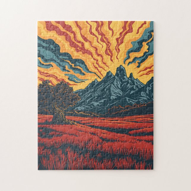 Geometric Mountain Peaks and Red Field Graphic Art Pussel (Vertikal)