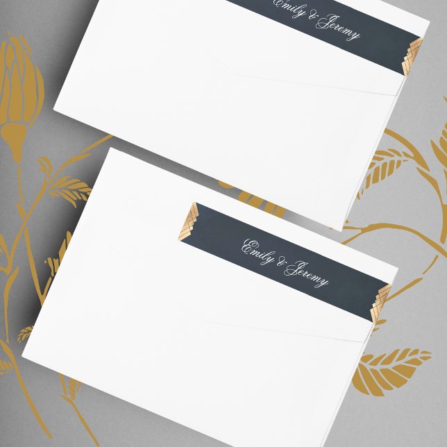 Geometric Navy Blue Guld Gatsby Bröllop Etikettband (Skapare uppladdad)