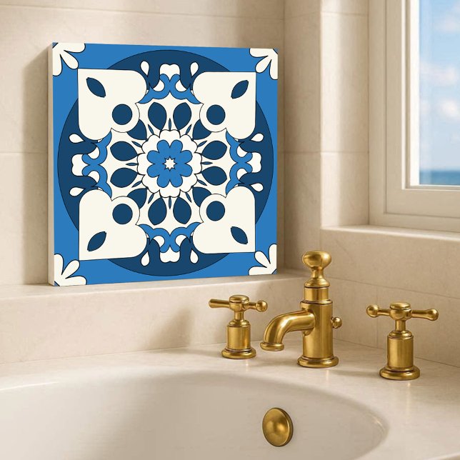 Geometric Navy Blue Mediterranean Tile Kakelplatta (Modern kitchen or bathroom tile featuring a geometric floral design in navy and blue with ivory)