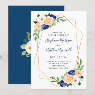 Geometric Navy Blue Peach Coral Blommigt Bröllop Inbjudningar