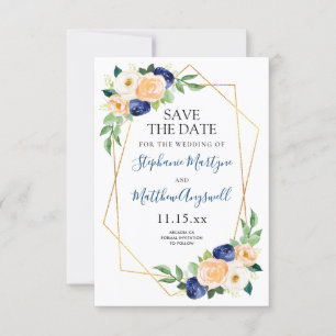 Geometric Navy Blue Peach Coral Blommigt Bröllop Spara Datumet
