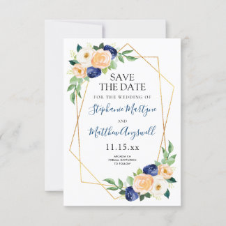 Geometric Navy Blue Peach Coral Blommigt Bröllop Spara Datumet