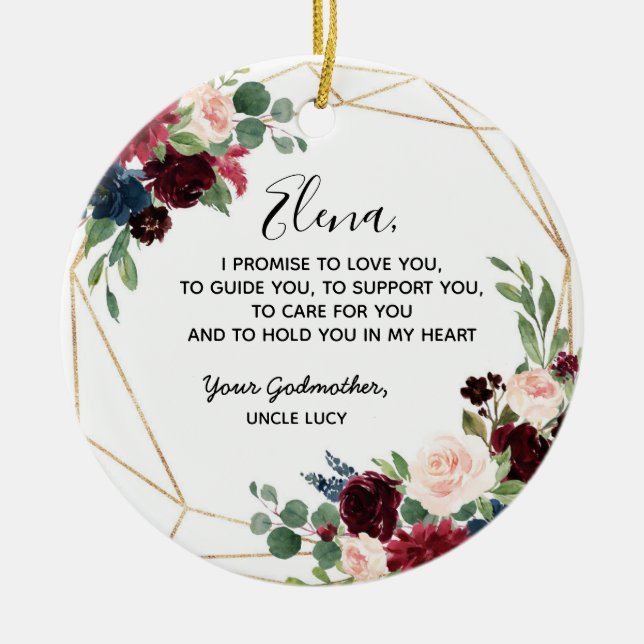 Geometric Navy Burgundy Blommigt Godfather Promise Julgransprydnad Keramik (Framsidan)