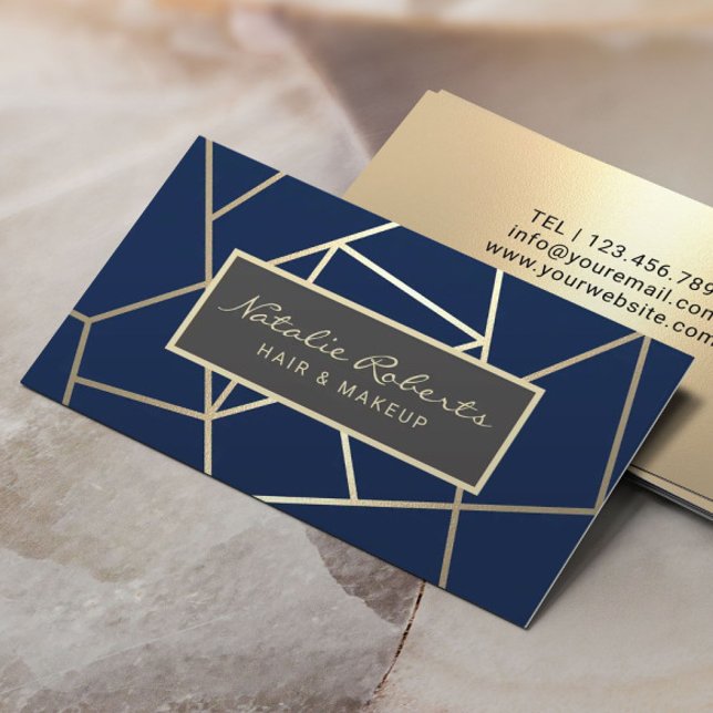 Geometric Navy & Guld Hair Stylist Beauty Salon Visitkort (Skapare uppladdad)