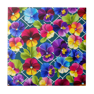 Geometric Pansy Flowers Vibrant Kakelplatta