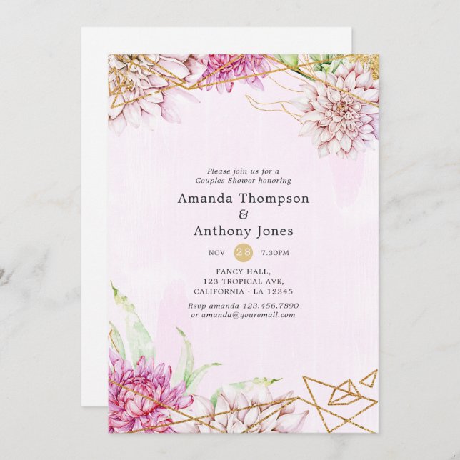 Geometric Par Shower för rosa och Guld Blommigt Inbjudningar (Fram/baksida)
