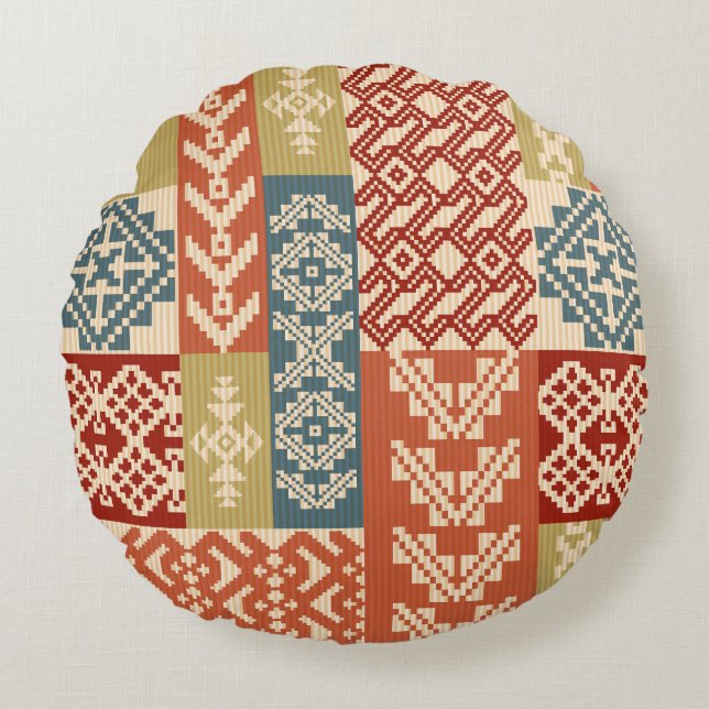 Geometric Patchwork Ethnic Seamless Mönster Rund Kudde (Framsidan)