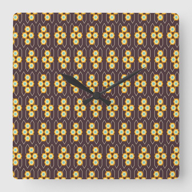 Geometric pattern with orange and blue hexagons fyrkantig klocka (Framsida)