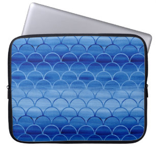 Geometric prussian Blue Watercolor Scales Laptop Sleeve
