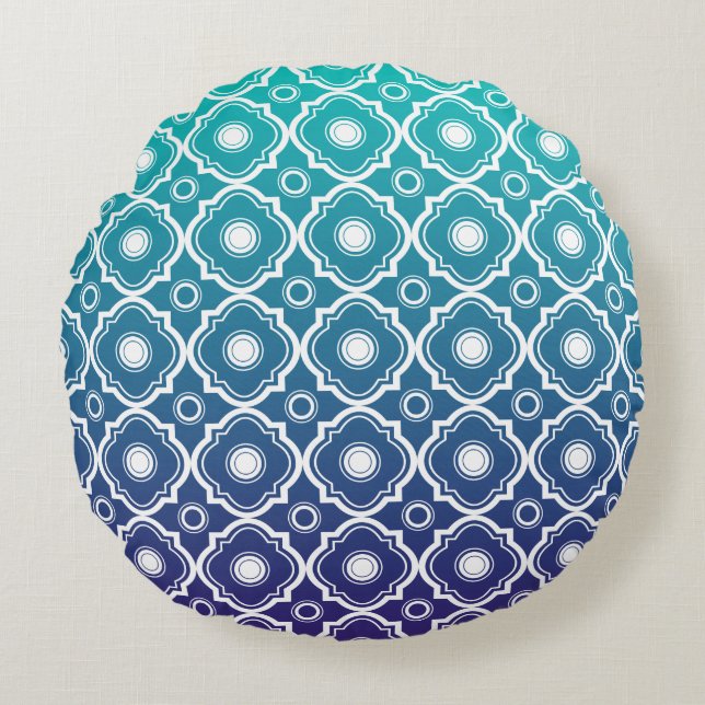 Geometric Quatrefoil, vit och blå Grönt Rund Kudde (Framsidan)