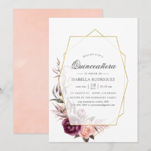Geometric Quinceañera, plommon och Blommigt Inbjudningar