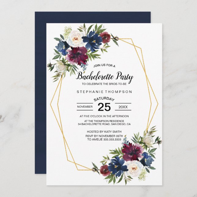 Geometric Ram Burgundy Navy Flowers Bachelorette Inbjudningar (Fram/baksida)