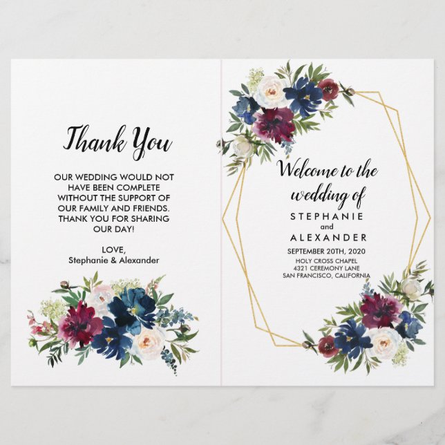 Geometric Ram Burgundy Navy Flowers Bröllop (Framsida)