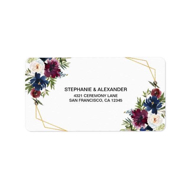 Geometric Ram Burgundy Navy Flowers Bröllop Adressetikett (Framsidan)