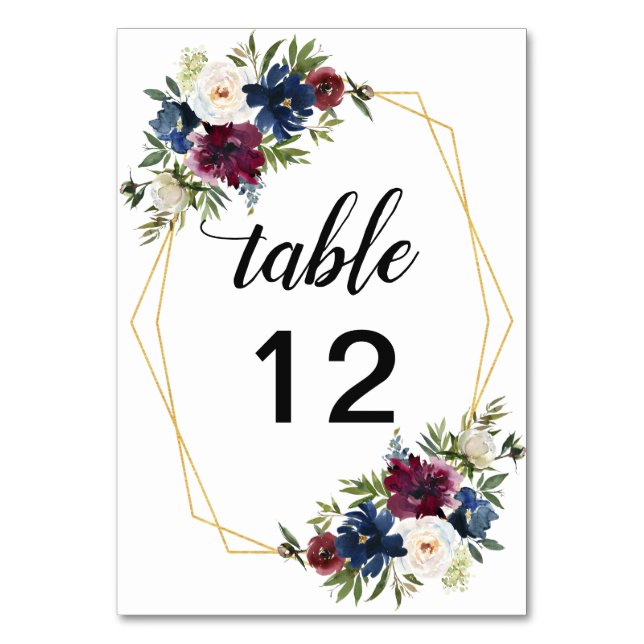 Geometric Ram Burgundy Navy Flowers Bröllop Bordsnummer (Framsidan)