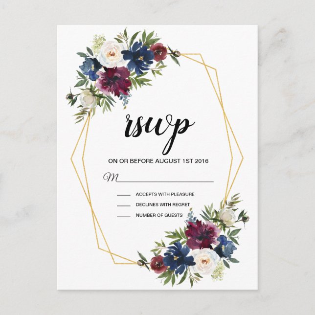 Geometric Ram Burgundy Navy Flowers Bröllop Inbjudan Vykort (Framsida)