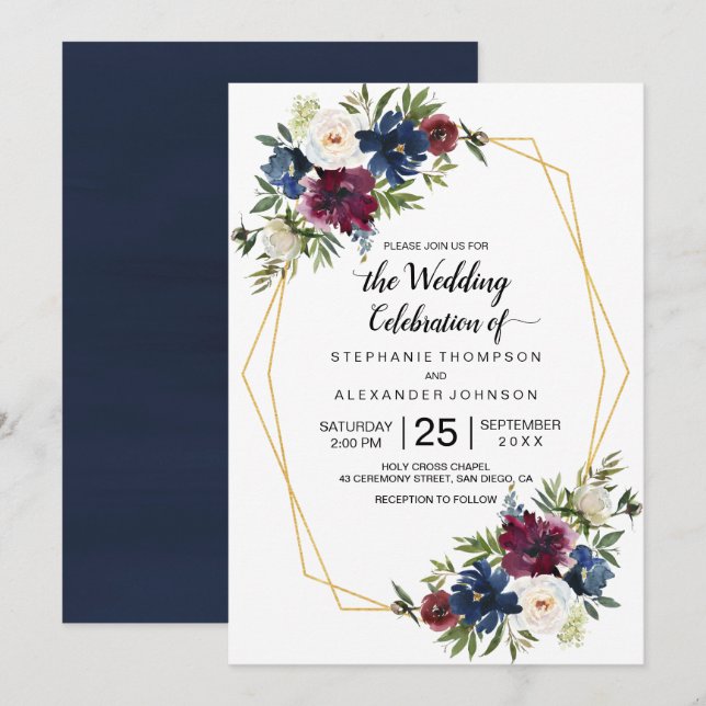 Geometric Ram Burgundy Navy Flowers Bröllop Inbjudningar (Fram/baksida)