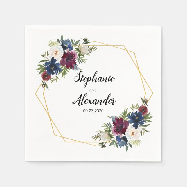 Geometric Ram Burgundy Navy Flowers Bröllop Pappersservett (Framsidan)