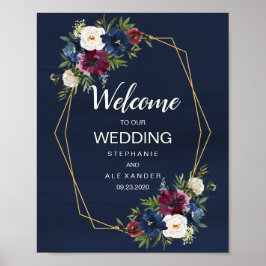 Geometric Ram Burgundy Navy Flowers Bröllop Poster