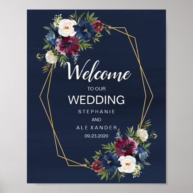 Geometric Ram Burgundy Navy Flowers Bröllop Poster (Framsidan)